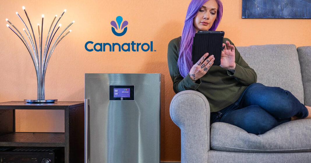 Cannatrol advertisement of a woman using the Cannatrol app on a tablet