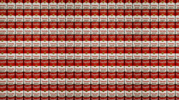 Retail Oversupply and Glut Market Illustration Rows of identical Campbell’s Tomato Soup cans illustrating product oversupply and crowded retail inventory.