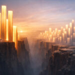 The Unforgiving Math of Cannabis Brand Visibility in the AI Era Abstract canyon of glowing vertical pillars symbolizing widening brand visibility gap in AI era; warm dawn light and atmospheric depth convey momentum and inequality without cannabis cues.