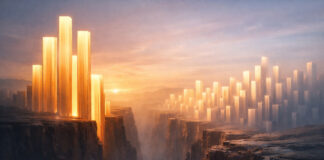 The Unforgiving Math of Cannabis Brand Visibility in the AI Era Abstract canyon of glowing vertical pillars symbolizing widening brand visibility gap in AI era; warm dawn light and atmospheric depth convey momentum and inequality without cannabis cues.