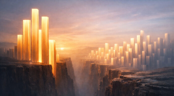 The Unforgiving Math of Cannabis Brand Visibility in the AI Era Abstract canyon of glowing vertical pillars symbolizing widening brand visibility gap in AI era; warm dawn light and atmospheric depth convey momentum and inequality without cannabis cues.