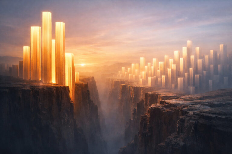 Abstract canyon of glowing vertical pillars symbolizing widening brand visibility gap in AI era; warm dawn light and atmospheric depth convey momentum and inequality without cannabis cues.
