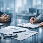 Scaling Your Cannabis Business? Why Your Bank is Watching Closely Two professionals reviewing financial documents at a modern banking office desk under cool daylight tones.