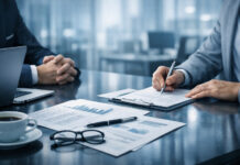 Scaling Your Cannabis Business? Why Your Bank is Watching Closely Two professionals reviewing financial documents at a modern banking office desk under cool daylight tones.