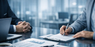 Scaling Your Cannabis Business? Why Your Bank is Watching Closely Two professionals reviewing financial documents at a modern banking office desk under cool daylight tones.