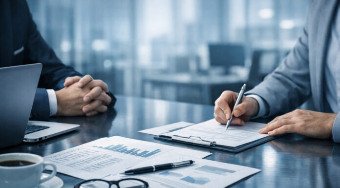 Scaling Your Cannabis Business? Why Your Bank is Watching Closely Two professionals reviewing financial documents at a modern banking office desk under cool daylight tones.