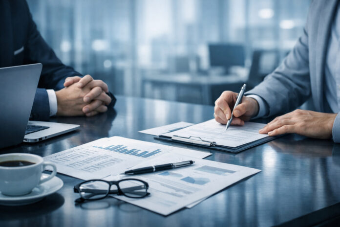 banking business oversight Two professionals reviewing financial documents at a modern banking office desk under cool daylight tones.