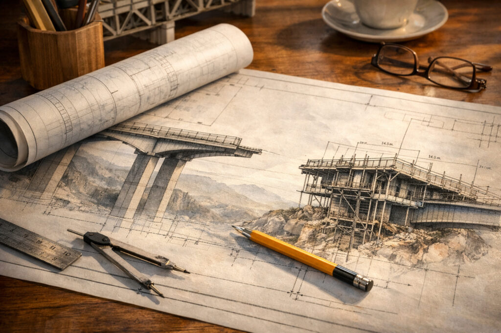 A warm, sunlit architect’s desk with a detailed bridge blueprint, drafting tools, and glasses arranged neatly.