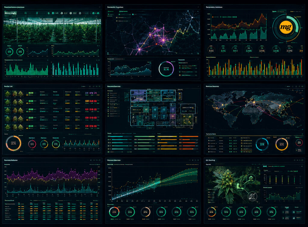 Cannabis operations dashboard displaying cultivation analytics, performance charts, facility data, and supply chain insights for data-driven decision-making.