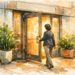 What Is Your Dispensary Really Worth? The Hidden Drivers of Cannabis Valuation Watercolor architectural illustration of a person reaching for the door of a modern storefront, flanked by potted plants and bathed in warm light, symbolizing opportunity and transition in cannabis business valuation.