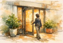 What Is Your Dispensary Really Worth? The Hidden Drivers of Cannabis Valuation Watercolor architectural illustration of a person reaching for the door of a modern storefront, flanked by potted plants and bathed in warm light, symbolizing opportunity and transition in cannabis business valuation.
