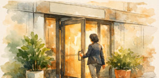 What Is Your Dispensary Really Worth? The Hidden Drivers of Cannabis Valuation Watercolor architectural illustration of a person reaching for the door of a modern storefront, flanked by potted plants and bathed in warm light, symbolizing opportunity and transition in cannabis business valuation.