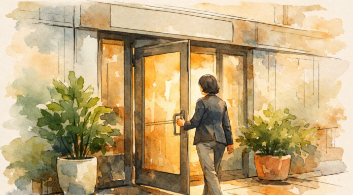 What Is Your Dispensary Really Worth? The Hidden Drivers of Cannabis Valuation Watercolor architectural illustration of a person reaching for the door of a modern storefront, flanked by potted plants and bathed in warm light, symbolizing opportunity and transition in cannabis business valuation.
