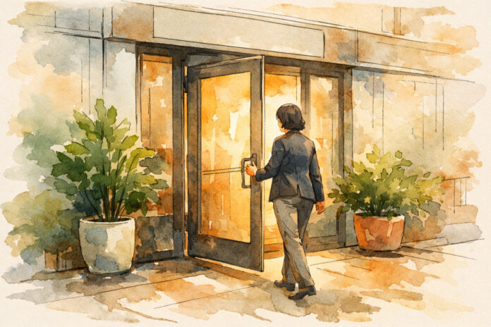 cannabis-dispensary-valuation-threshold-of-value Watercolor architectural illustration of a person reaching for the door of a modern storefront, flanked by potted plants and bathed in warm light, symbolizing opportunity and transition in cannabis business valuation.