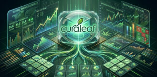 Curaleaf Prepares for U.S. Uplisting With 1-for-3 Reverse Stock Split Curaleaf logo surrounded by cannabis market analytics, stock charts, and financial data visualizations.
