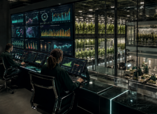 Why Cannabis Must Embrace Data-driven Operations Cannabis cultivation team monitors real-time operational data, environmental controls, and crop performance inside a large-scale indoor grow facility.