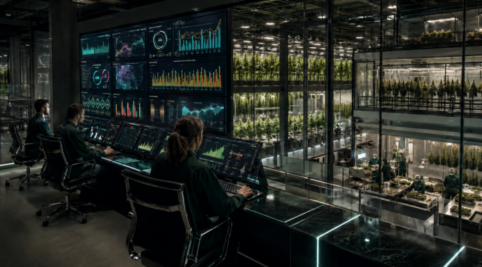 Why Cannabis Must Embrace Data-driven Operations Cannabis cultivation team monitors real-time operational data, environmental controls, and crop performance inside a large-scale indoor grow facility.