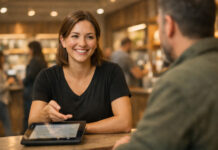 Retention is Revenue: Why Employee Turnover Kills Margins Experienced budtender warmly greeting a familiar customer across a counter in a busy dispensary, symbolizing employee retention and stability in cannabis retail.