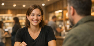 Retention is Revenue: Why Employee Turnover Kills Margins Experienced budtender warmly greeting a familiar customer across a counter in a busy dispensary, symbolizing employee retention and stability in cannabis retail.