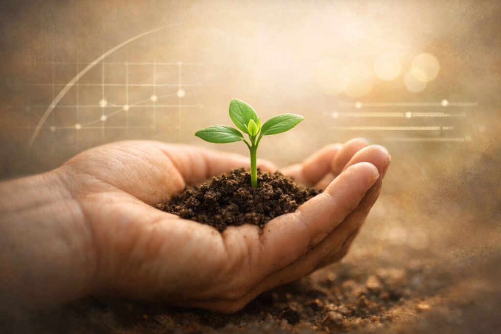 A hand gently cradling a small seedling with soft abstract data lines in the background.