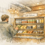 Why ‘Light’ Cannabis is the Next Growth Frontier for Retailers Architectural watercolor illustration of a dispensary interior showing a customer browsing a “Light Options” shelf with beverage cans, bottles, and edibles arranged neatly under warm pendant lights.
