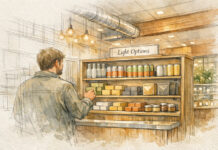Why ‘Light’ Cannabis is the Next Growth Frontier for Retailers Architectural watercolor illustration of a dispensary interior showing a customer browsing a “Light Options” shelf with beverage cans, bottles, and edibles arranged neatly under warm pendant lights.