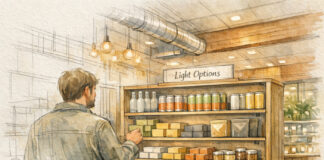 Why ‘Light’ Cannabis is the Next Growth Frontier for Retailers Architectural watercolor illustration of a dispensary interior showing a customer browsing a “Light Options” shelf with beverage cans, bottles, and edibles arranged neatly under warm pendant lights.