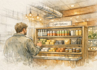 Why ‘Light’ Cannabis is the Next Growth Frontier for Retailers Architectural watercolor illustration of a dispensary interior showing a customer browsing a “Light Options” shelf with beverage cans, bottles, and edibles arranged neatly under warm pendant lights.