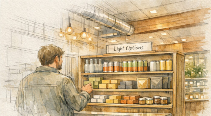 Why ‘Light’ Cannabis is the Next Growth Frontier for Retailers Architectural watercolor illustration of a dispensary interior showing a customer browsing a “Light Options” shelf with beverage cans, bottles, and edibles arranged neatly under warm pendant lights.