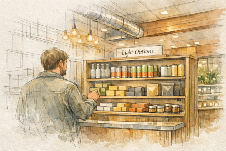 Architectural watercolor illustration of a dispensary interior showing a customer browsing a “Light Options” shelf with beverage cans, bottles, and edibles arranged neatly under warm pendant lights.