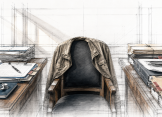 The Federal Cannabis Contradiction An empty leather chair with a military-style jacket between stacks of medical and policy documents, symbolizing veterans caught in federal cannabis access contradictions.