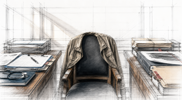The Federal Cannabis Contradiction An empty leather chair with a military-style jacket between stacks of medical and policy documents, symbolizing veterans caught in federal cannabis access contradictions.