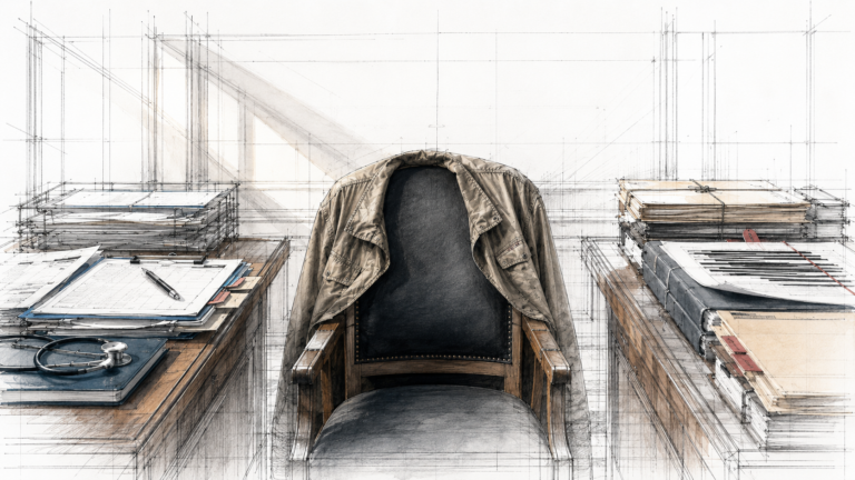 An empty leather chair with a military-style jacket between stacks of medical and policy documents, symbolizing veterans caught in federal cannabis access contradictions.