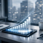 How Will You Spend Your ‘Cannabis Tax Refund’? Tablet projecting holographic bar graph in executive office, symbolizing digital authority and data-driven growth in the AI era.