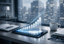 How Will You Spend Your ‘Cannabis Tax Refund’? Tablet projecting holographic bar graph in executive office, symbolizing digital authority and data-driven growth in the AI era.