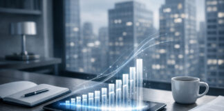 How Will You Spend Your ‘Cannabis Tax Refund’? Tablet projecting holographic bar graph in executive office, symbolizing digital authority and data-driven growth in the AI era.