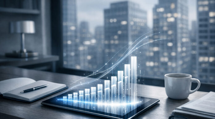 How Will You Spend Your ‘Cannabis Tax Refund’? Tablet projecting holographic bar graph in executive office, symbolizing digital authority and data-driven growth in the AI era.