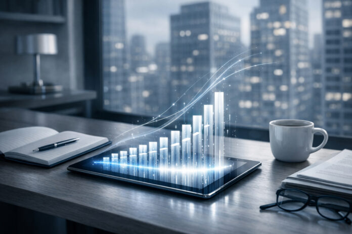 Digital Growth in the AI Era Tablet projecting holographic bar graph in executive office, symbolizing digital authority and data-driven growth in the AI era.