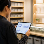 A cannabis retail inventory manager reviews inventory data on a tablet beside organized dispensary shelves.