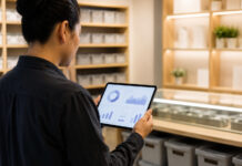 The AI Inventory Advantage for Cannabis Retailers A cannabis retail inventory manager reviews inventory data on a tablet beside organized dispensary shelves.