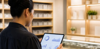 A cannabis retail inventory manager reviews inventory data on a tablet beside organized dispensary shelves.