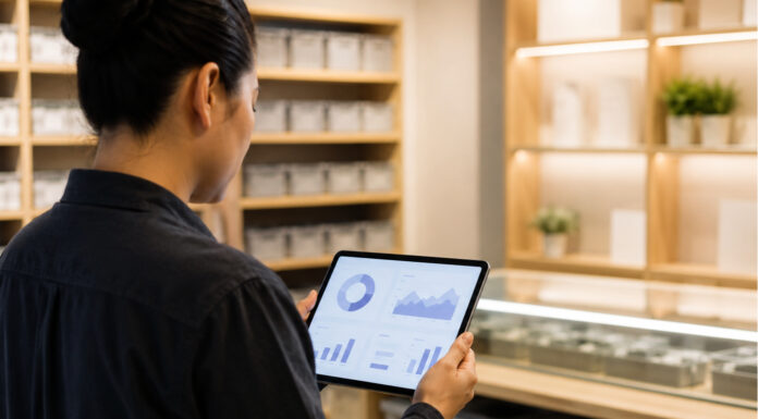 The AI Inventory Advantage for Cannabis Retailers A cannabis retail inventory manager reviews inventory data on a tablet beside organized dispensary shelves.