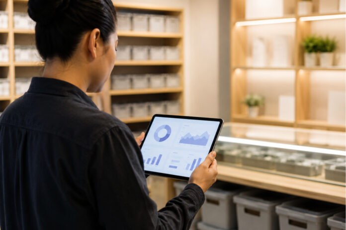 AI inventory management in cannabis retail A cannabis retail inventory manager reviews inventory data on a tablet beside organized dispensary shelves.