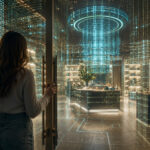 Is Your Dispensary Ready for the ChatGPT Shopper? A shopper opens the door to a futuristic retail space formed from glowing digital code and data patterns.