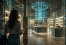 Is Your Dispensary Ready for the ChatGPT Shopper? A shopper opens the door to a futuristic retail space formed from glowing digital code and data patterns.