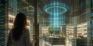 Is Your Dispensary Ready for the ChatGPT Shopper? A shopper opens the door to a futuristic retail space formed from glowing digital code and data patterns.