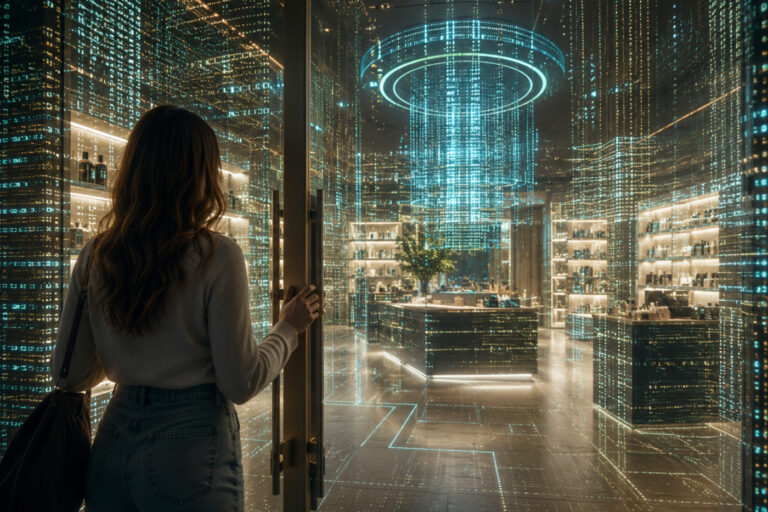 A shopper opens the door to a futuristic retail space formed from glowing digital code and data patterns.