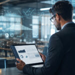 How Cannabis Businesses Are Actually Using AI A cannabis business operator reviews analytics on a tablet in a modern office as digital data visualizations appear in the foreground.