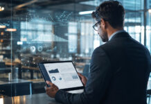 How Cannabis Businesses Are Actually Using AI A cannabis business operator reviews analytics on a tablet in a modern office as digital data visualizations appear in the foreground.