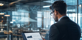 A cannabis business operator reviews analytics on a tablet in a modern office as digital data visualizations appear in the foreground.
